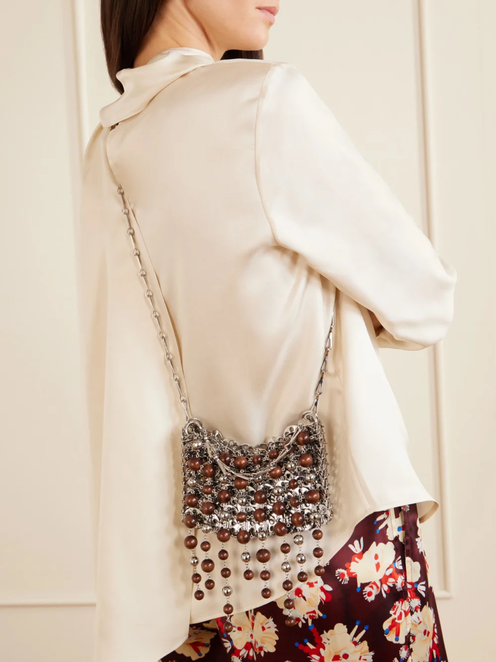 Rabanne 1969 Nano Fringed Beaded Chainmail Shoulder Bag, styled view