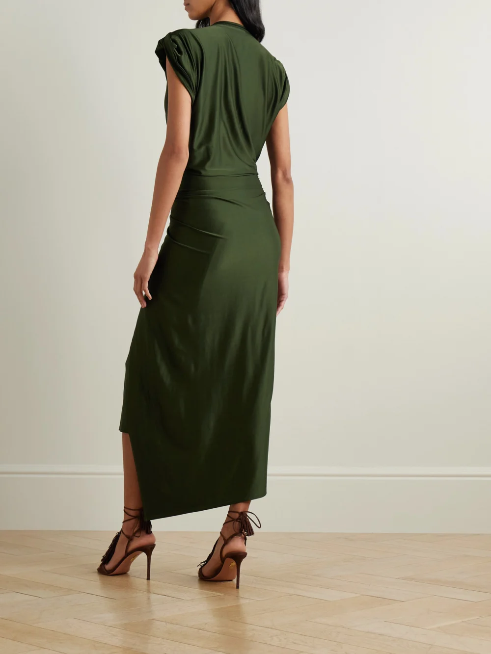 Back view of the Rabanne Asymmetric Embellished Draped Satin-jersey Dress