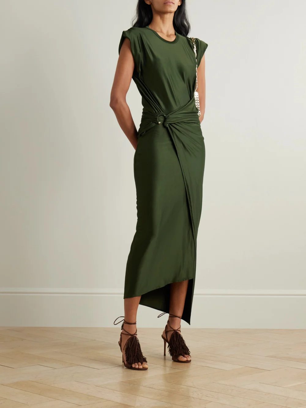 Rabanne Asymmetric Embellished Draped Satin-jersey Dress, worn by a model