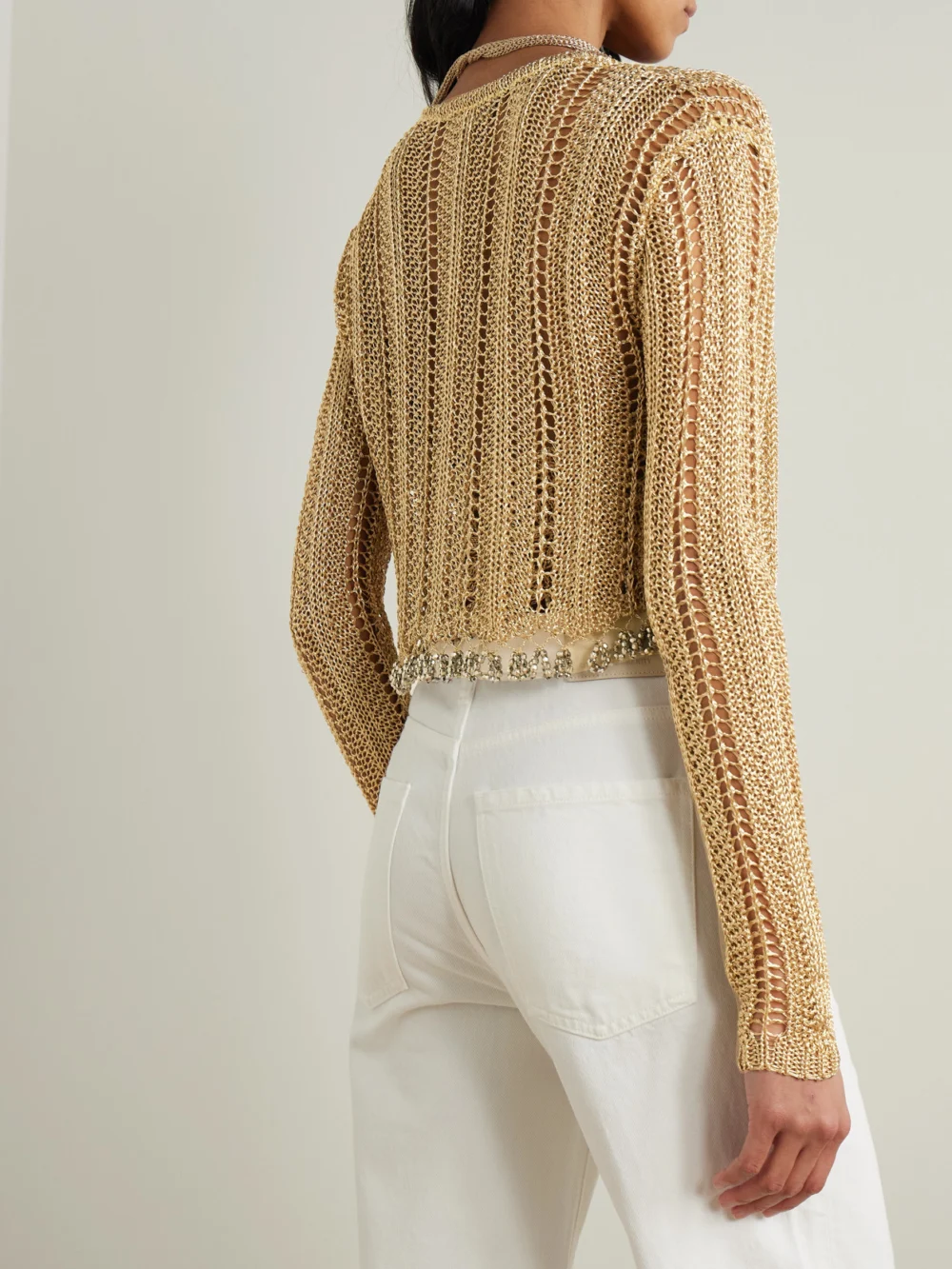 Back view of the Rabanne Bead-embellished Metallic Open-knit Cardigan