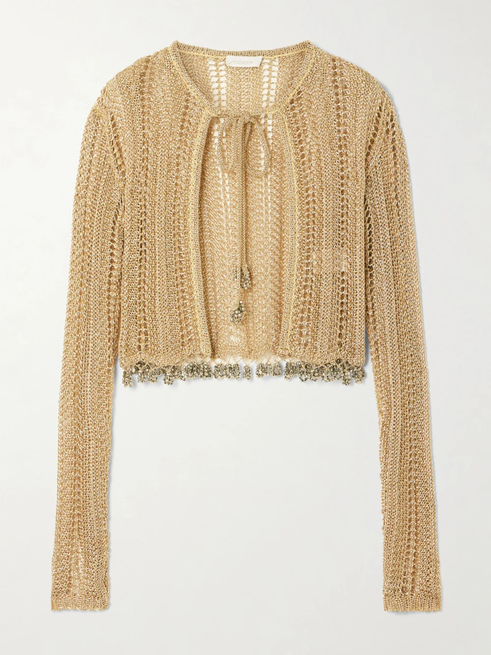 Rabanne Bead-embellished Metallic Open-knit Cardigan in gold