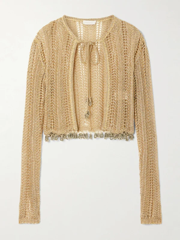Rabanne Bead-embellished Metallic Open-knit Cardigan
