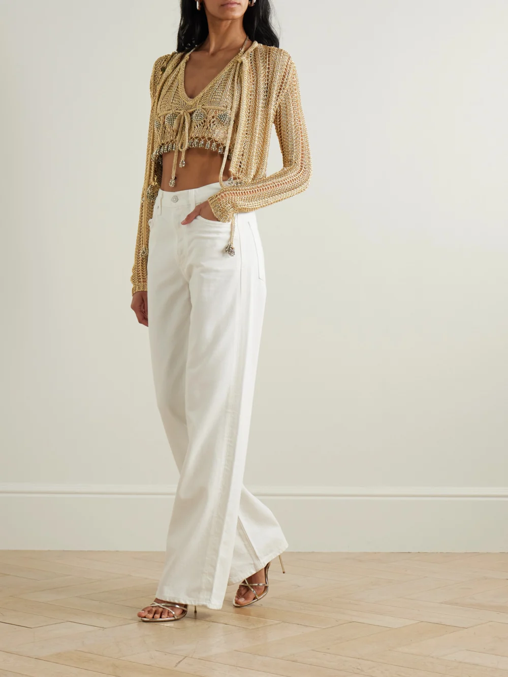 Rabanne Bead-embellished Metallic Open-knit Cardigan, worn by a model