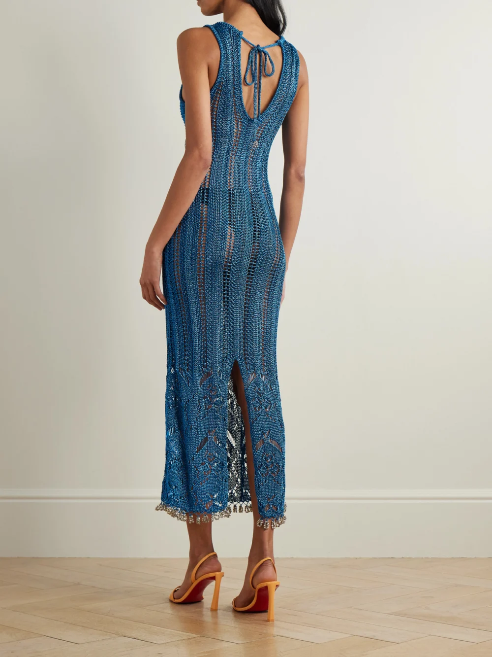 Back view of the Rabanne Bead-embellished Metallic Open-knit Midi Dress