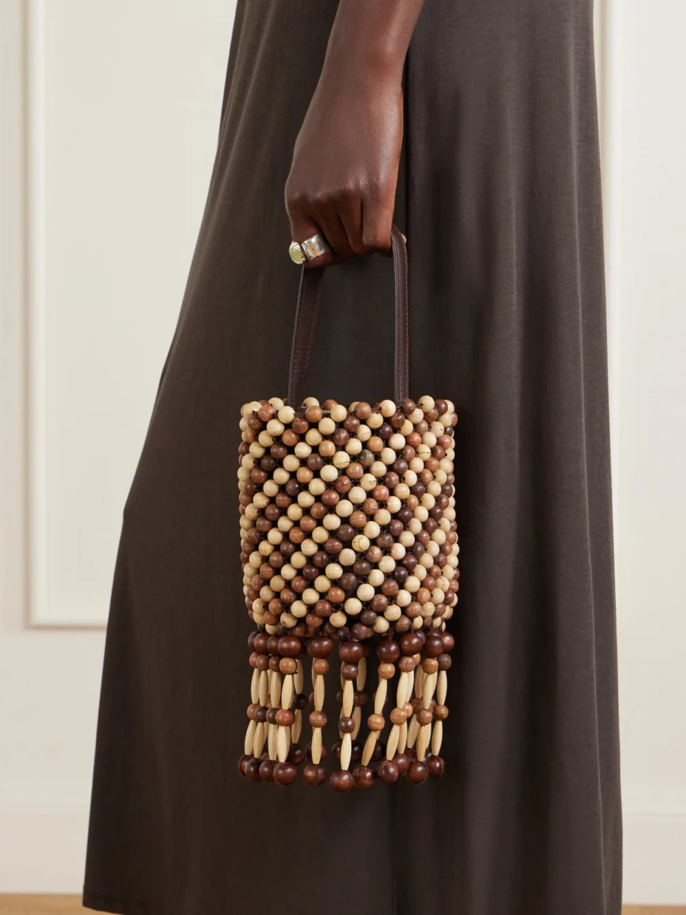 Rabanne Beaded Mini Wood Shoulder Bag, styled view