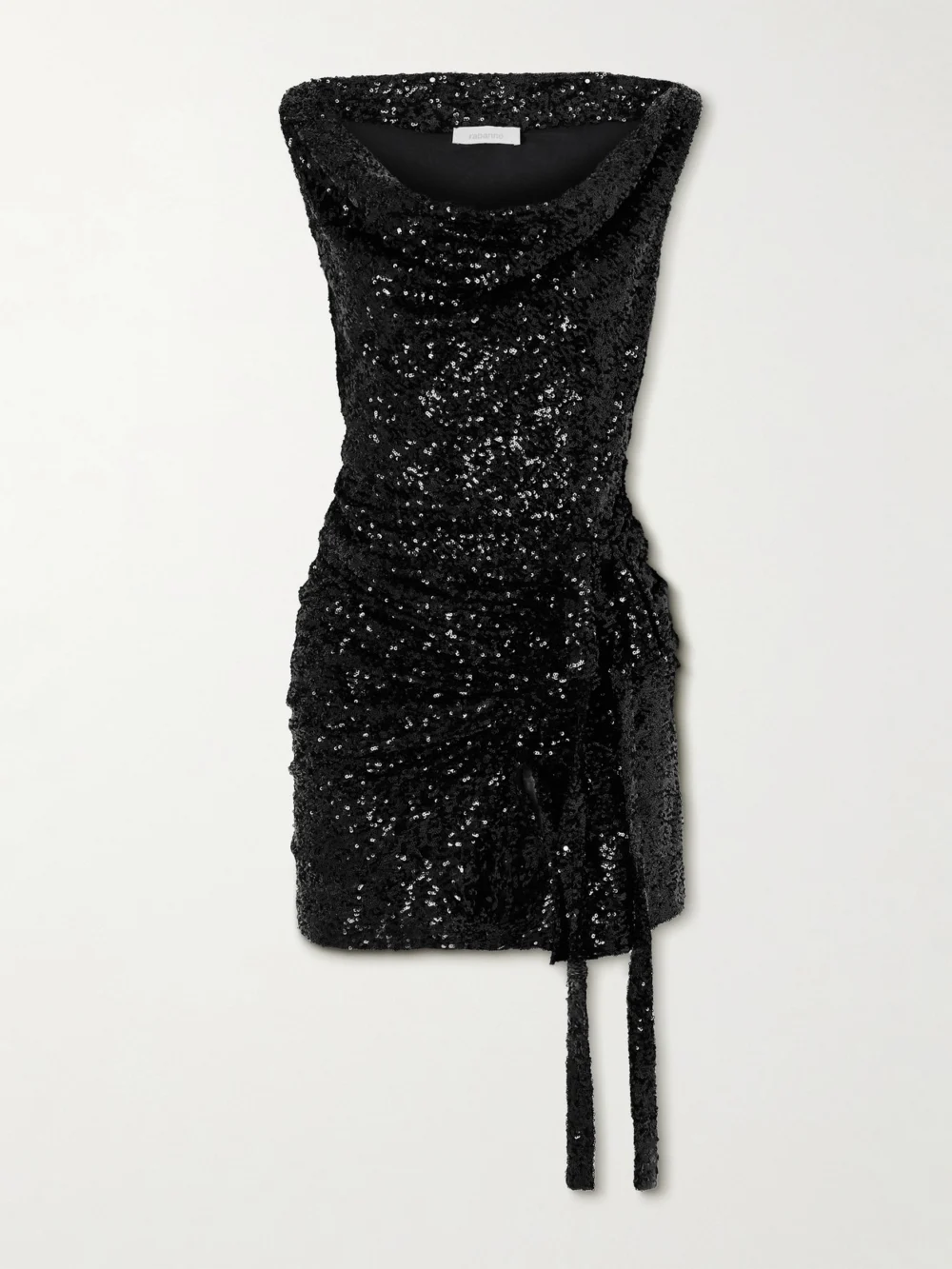 Rabanne Bow-embellished Sequined Ruffled Woven Mini Dress in black