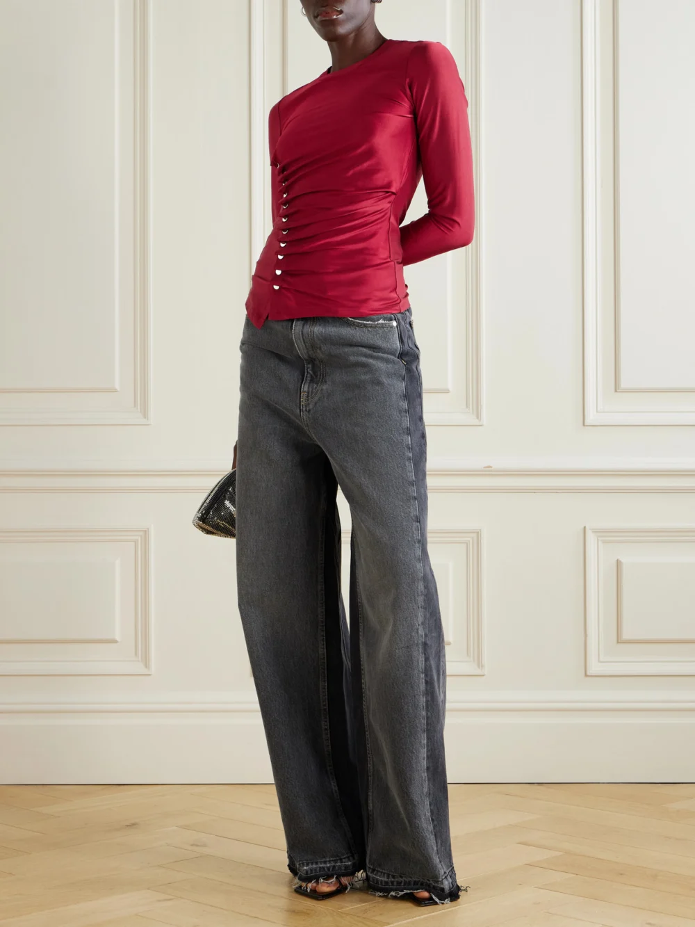 Rabanne Button-detailed Gathered Jersey Top, worn by a model