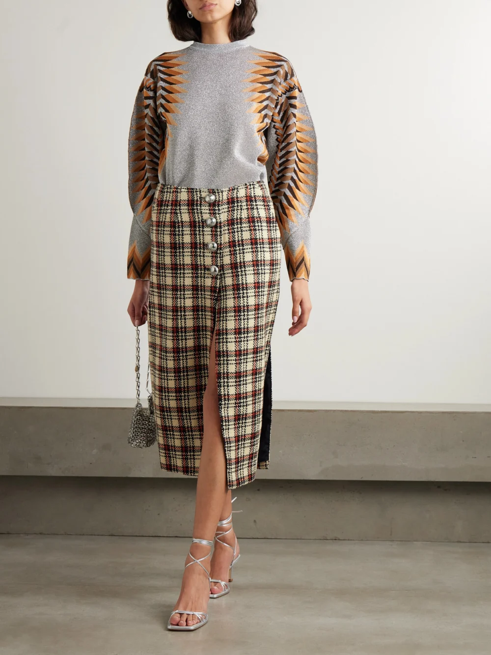 Rabanne Checked Wool-blend Tweed Midi Skirt, worn by a model