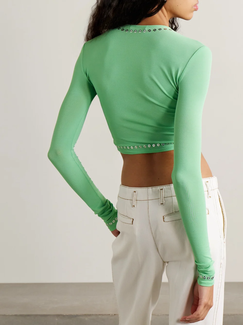 Back view of the Rabanne Cropped Embellished Gathered Jersey Top