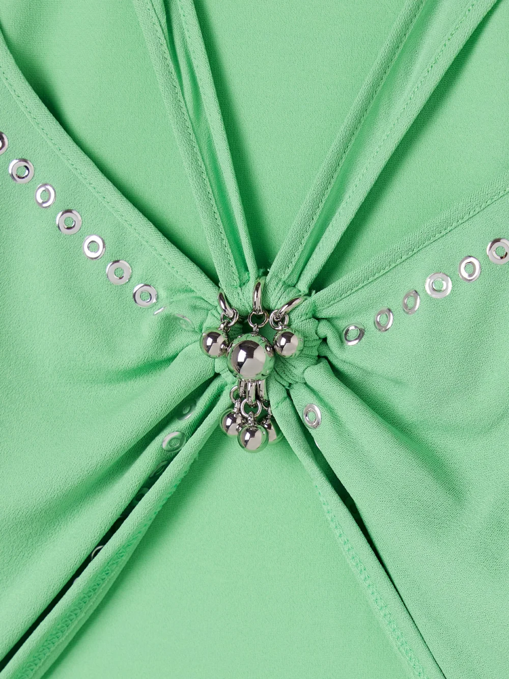 Close-up detail of the Rabanne Cropped Embellished Gathered Jersey Top