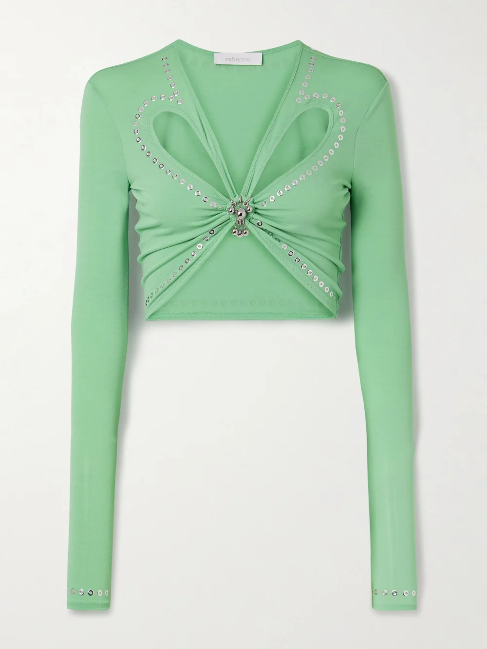 Rabanne Cropped Embellished Gathered Jersey Top in light green