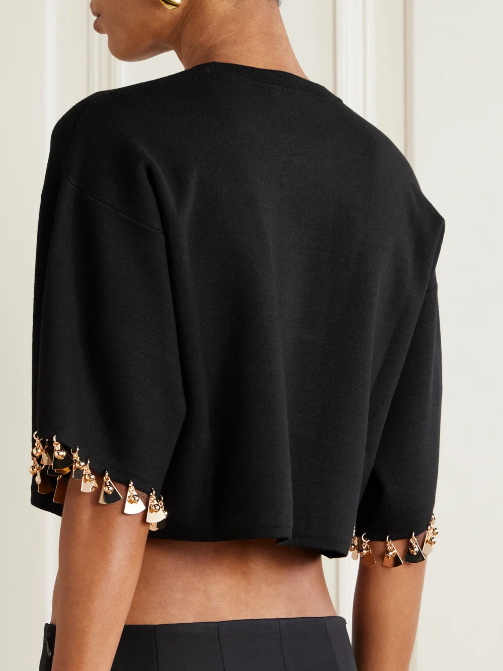 Back view of the Rabanne Cropped Embellished Stretch-silk and Cotton-blend Sweater