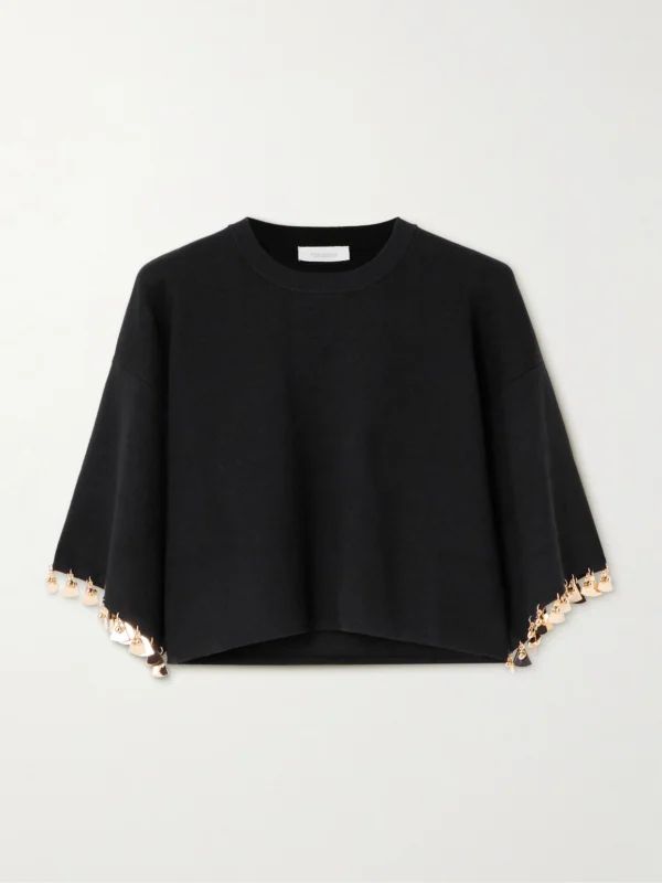 Rabanne Cropped Embellished Stretch-silk and Cotton-blend Sweater