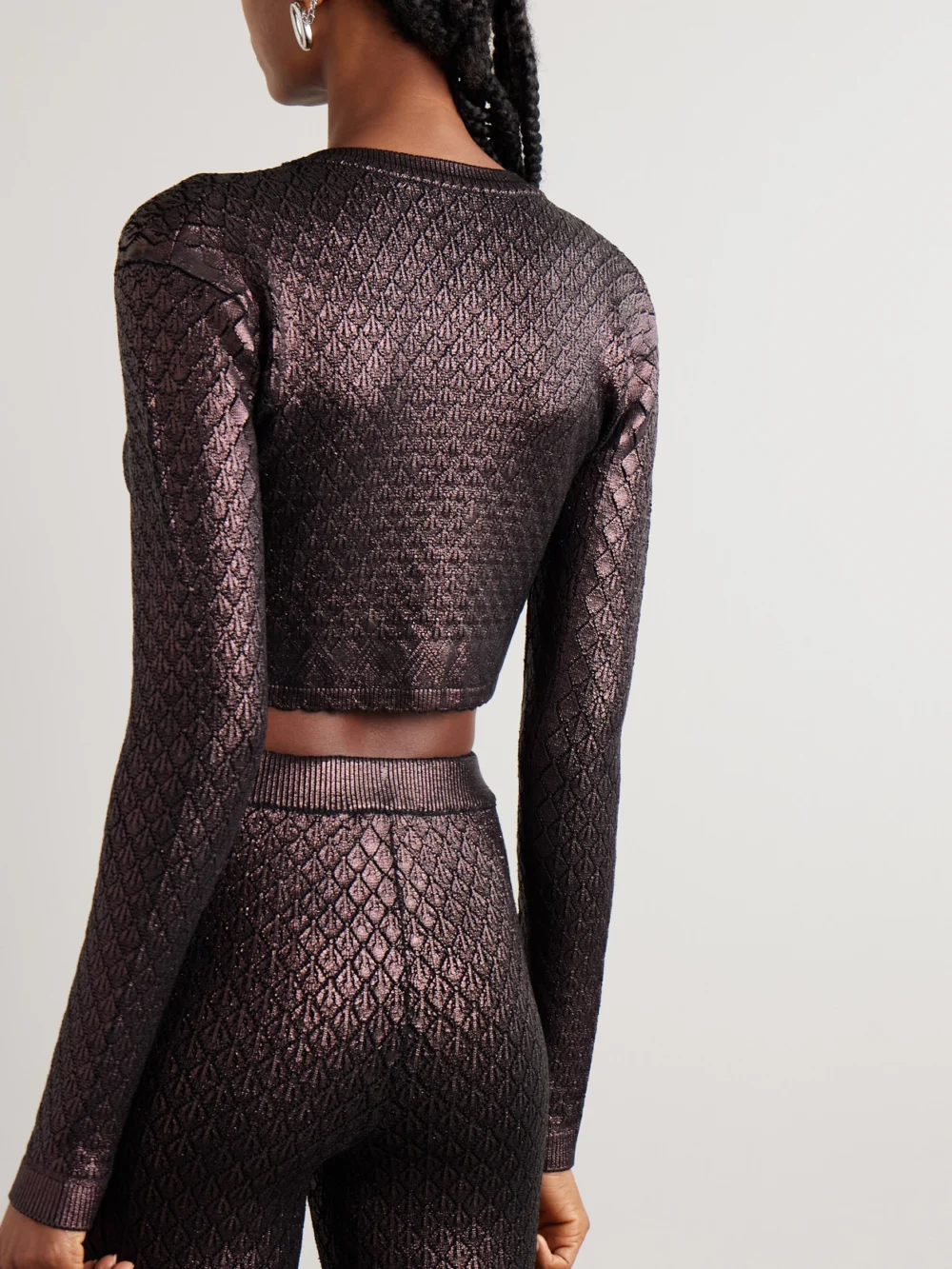 Back view of the Rabanne Cropped Metallic Jacquard-knit Cardigan