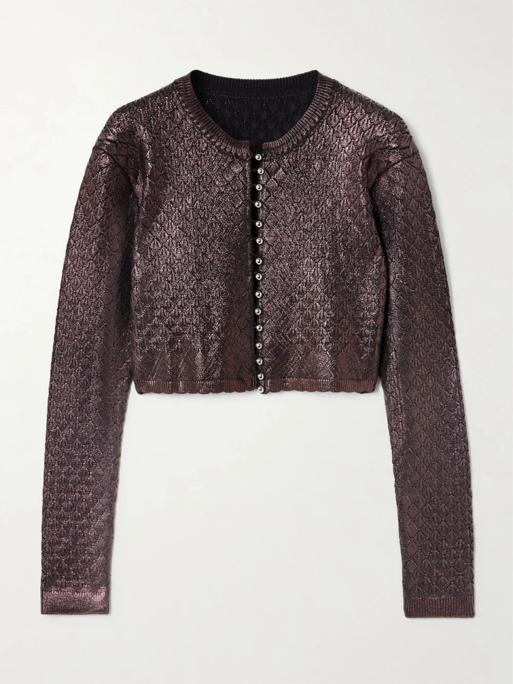 Rabanne Cropped Metallic Jacquard-knit Cardigan in dark purple