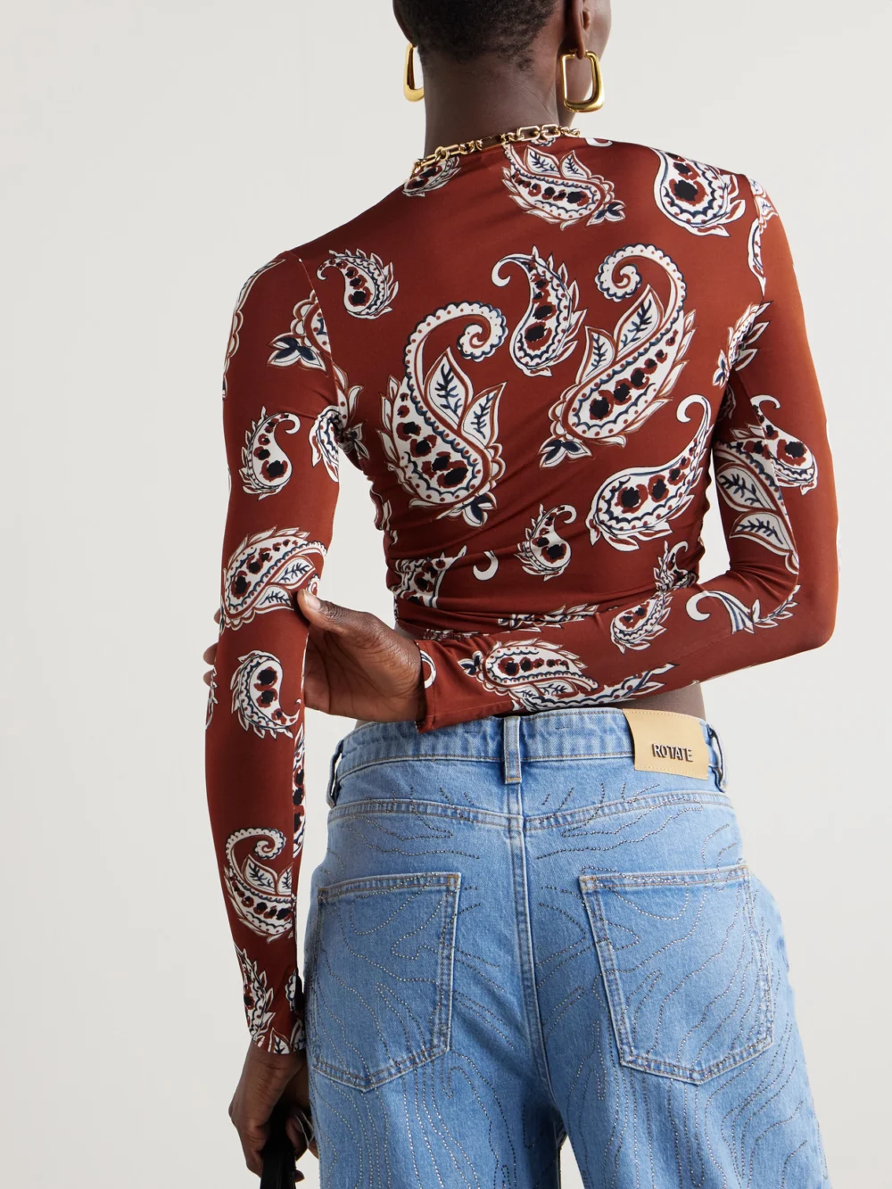 Back view of the Rabanne Cropped Paisley-print Stretch-crepe Top