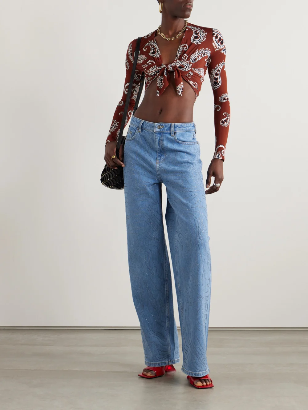 Rabanne Cropped Paisley-print Stretch-crepe Top, worn by a model