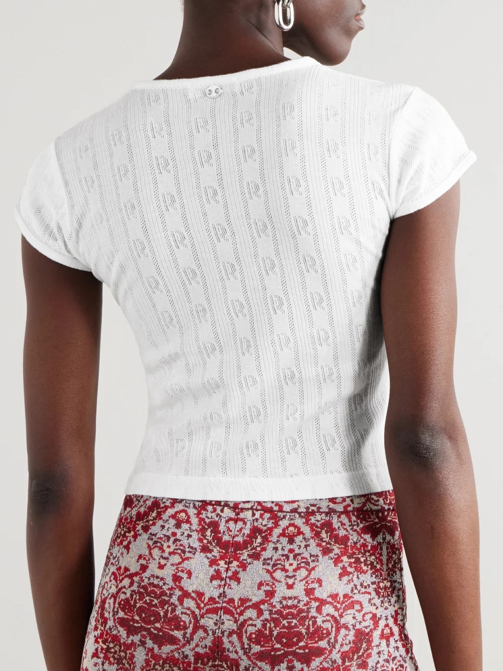 Back view of the Rabanne Cropped Printed Pointelle-knit Cotton T-shirt