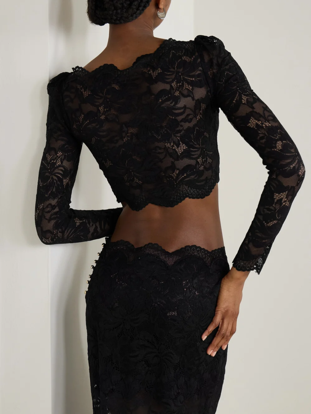 Back view of the Rabanne Cropped Scalloped Stretch-lace Top