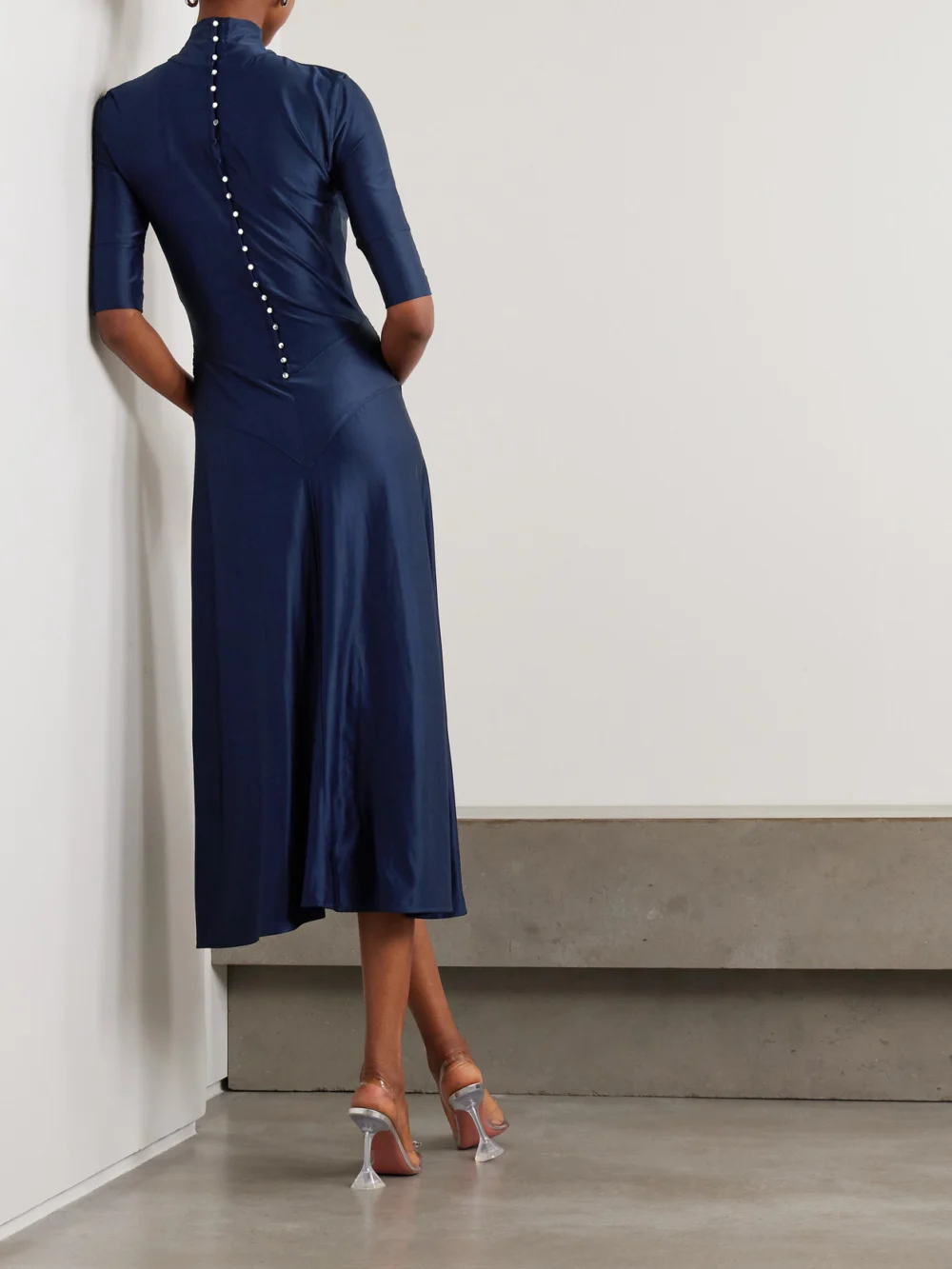 Back view of the Rabanne Crystal-embellished Gathered Satin-jersey Midi Dress