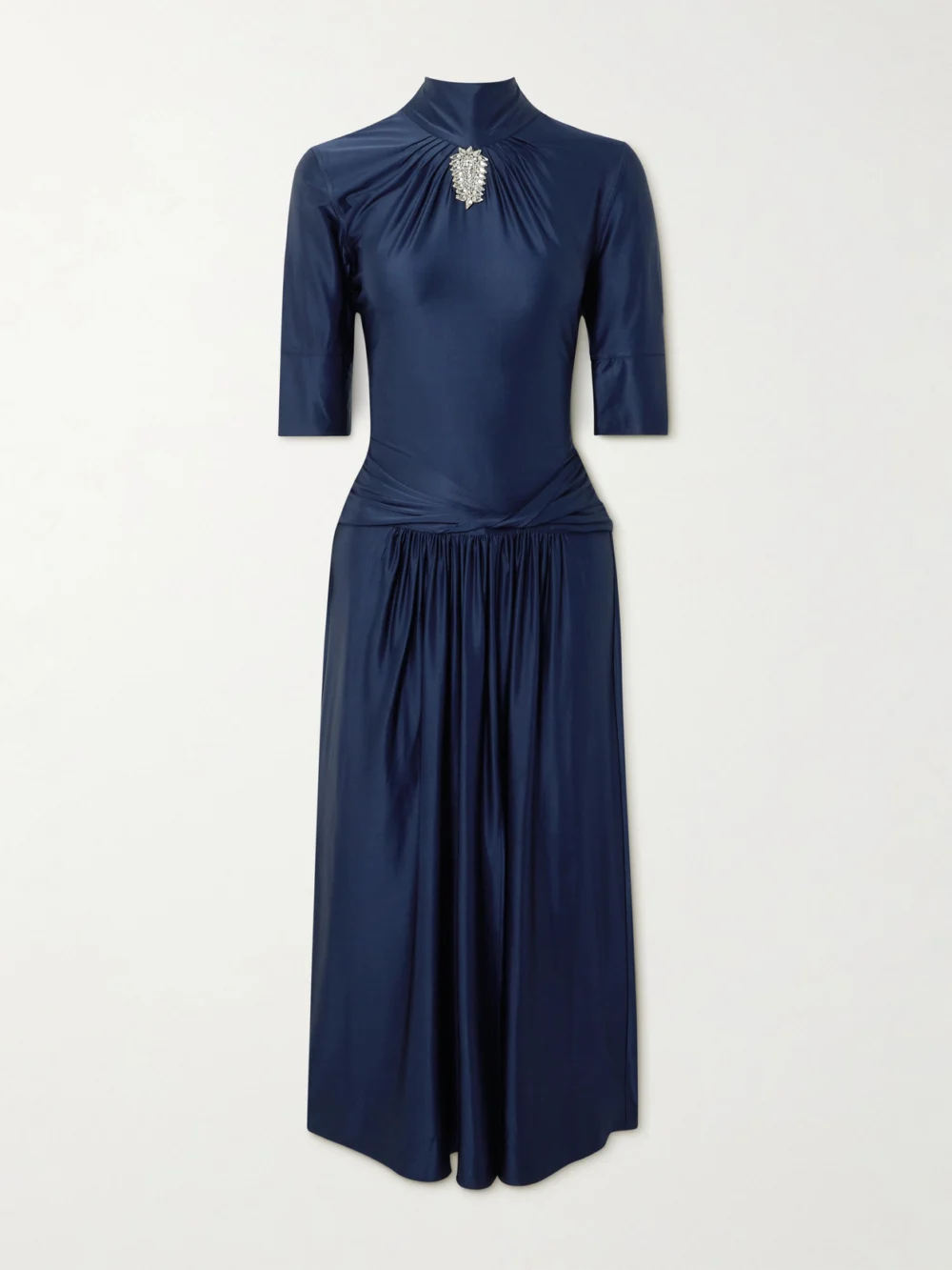 Rabanne Crystal-embellished Gathered Satin-jersey Midi Dress in navy