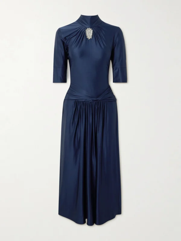 Rabanne Crystal-embellished Gathered Satin-jersey Midi Dress