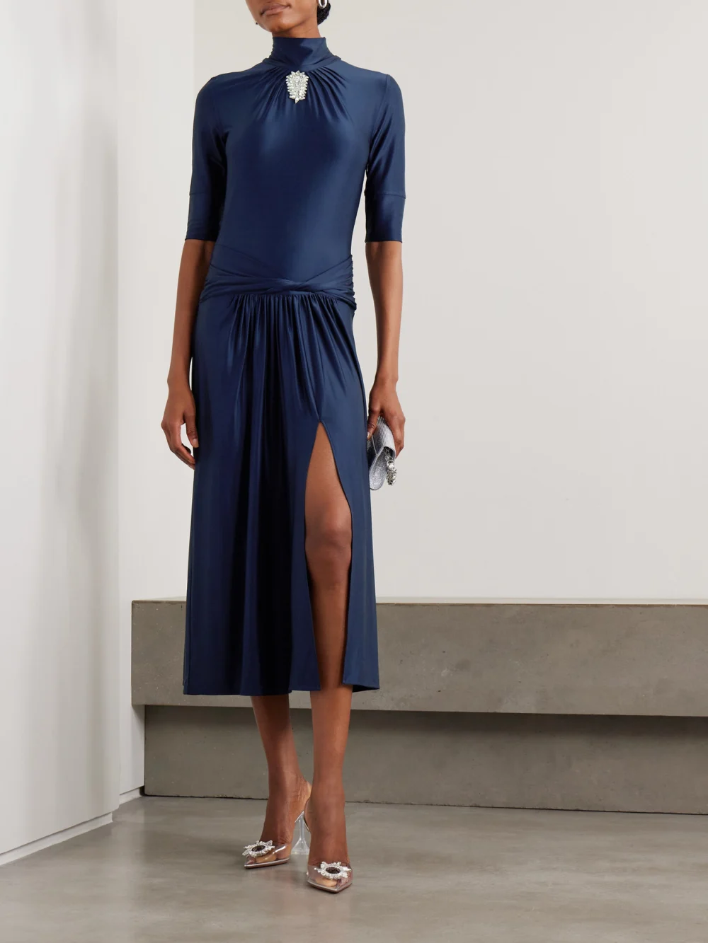 Rabanne Crystal-embellished Gathered Satin-jersey Midi Dress, worn by a model