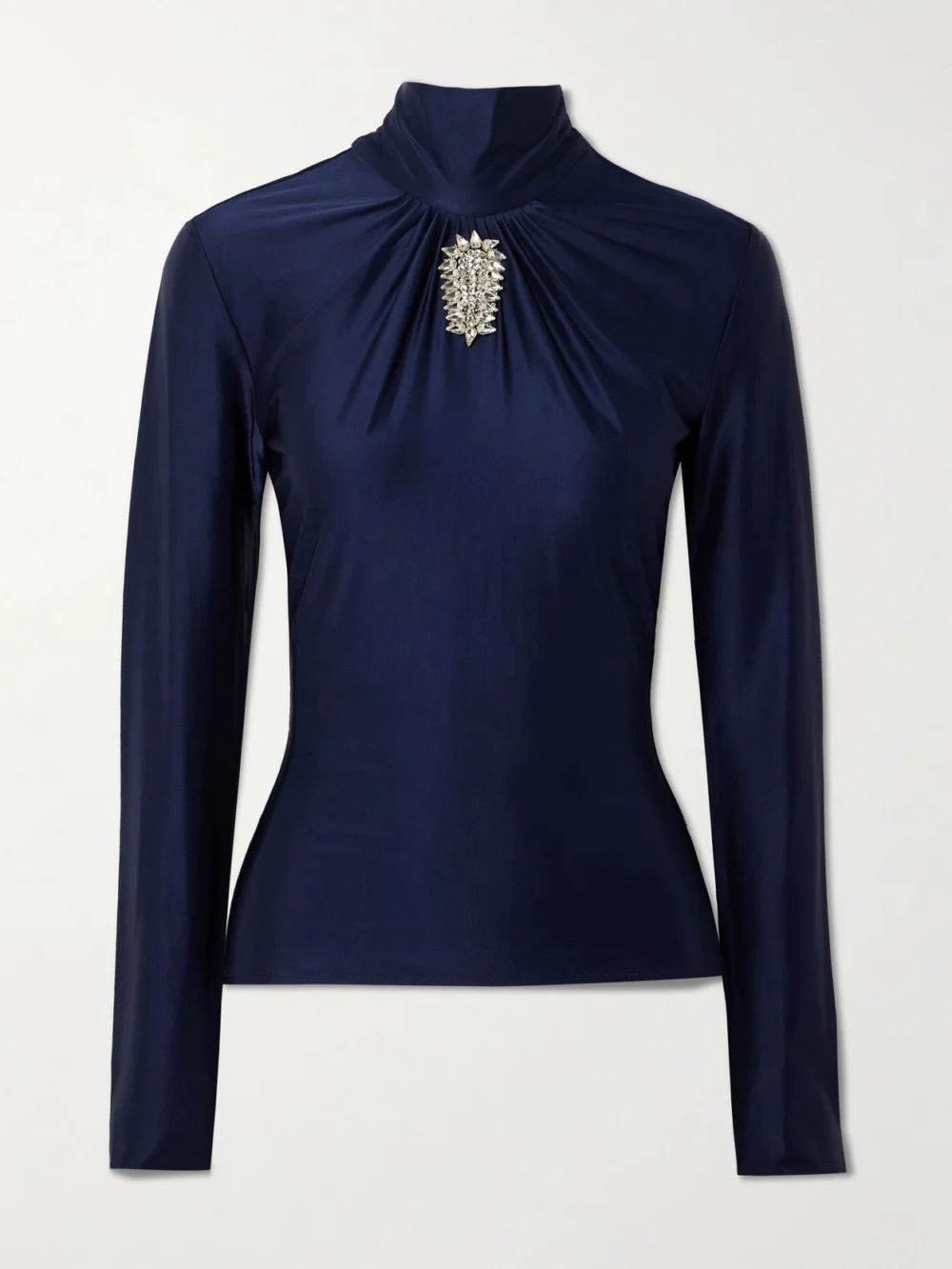 Rabanne Crystal-embellished Gathered Satin-jersey Top in navy
