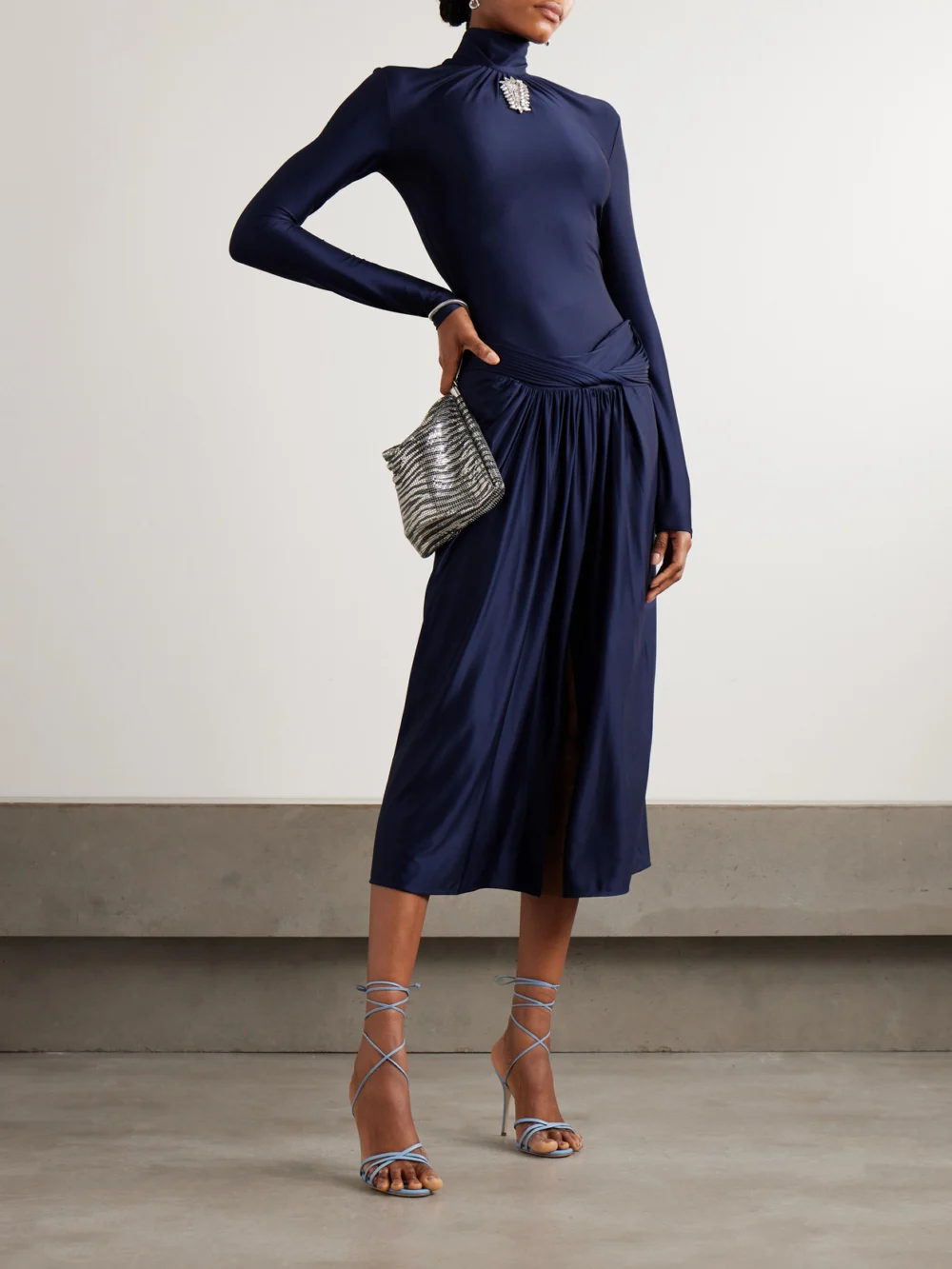 Rabanne Crystal-embellished Gathered Satin-jersey Top, worn by a model
