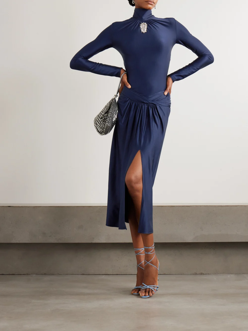 Rabanne Draped Satin-jersey Midi Skirt, worn by a model