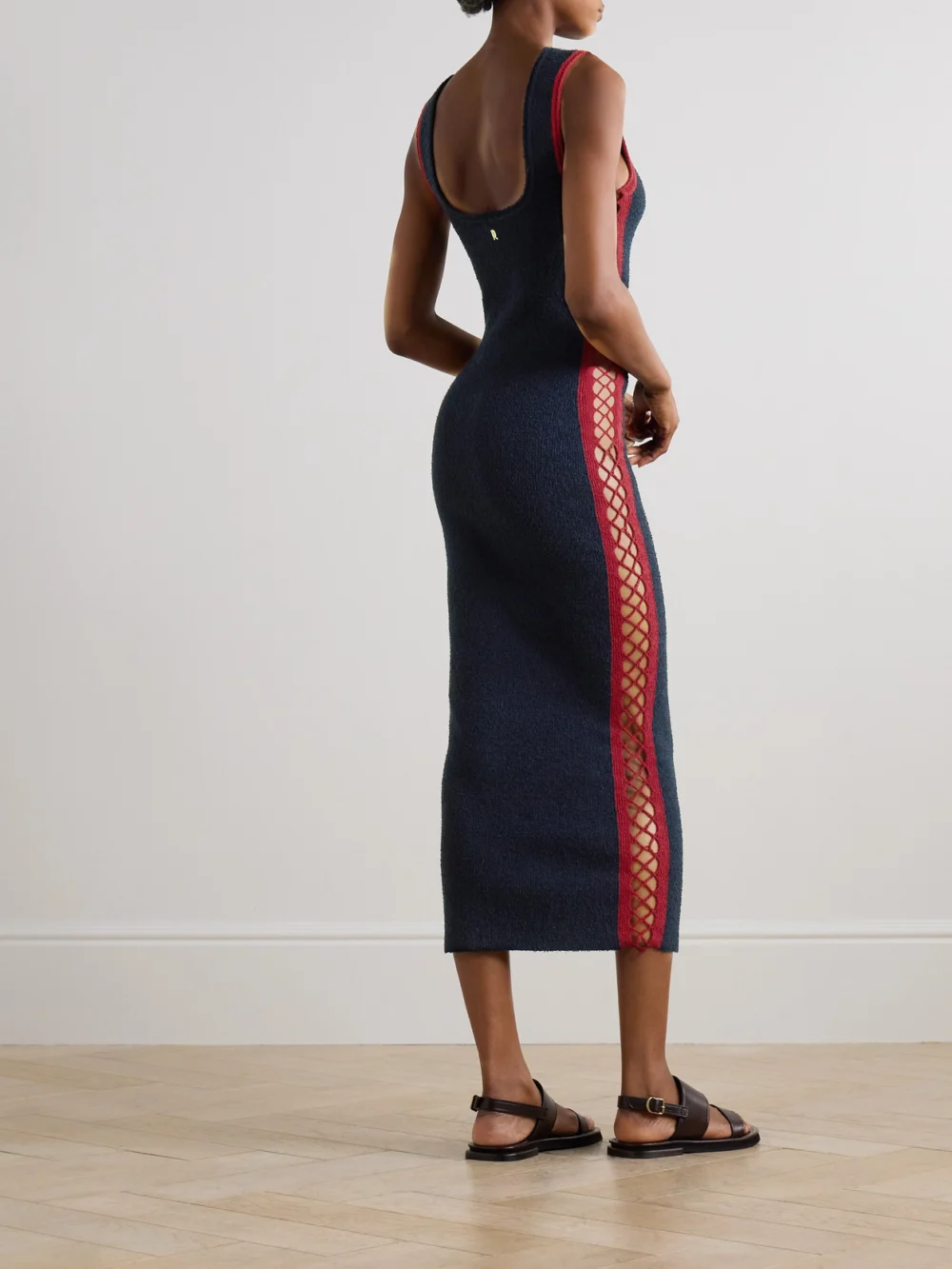 Back view of the Rabanne Embellished Crochet-trimmed Cotton-blend Chenille Maxi Dress