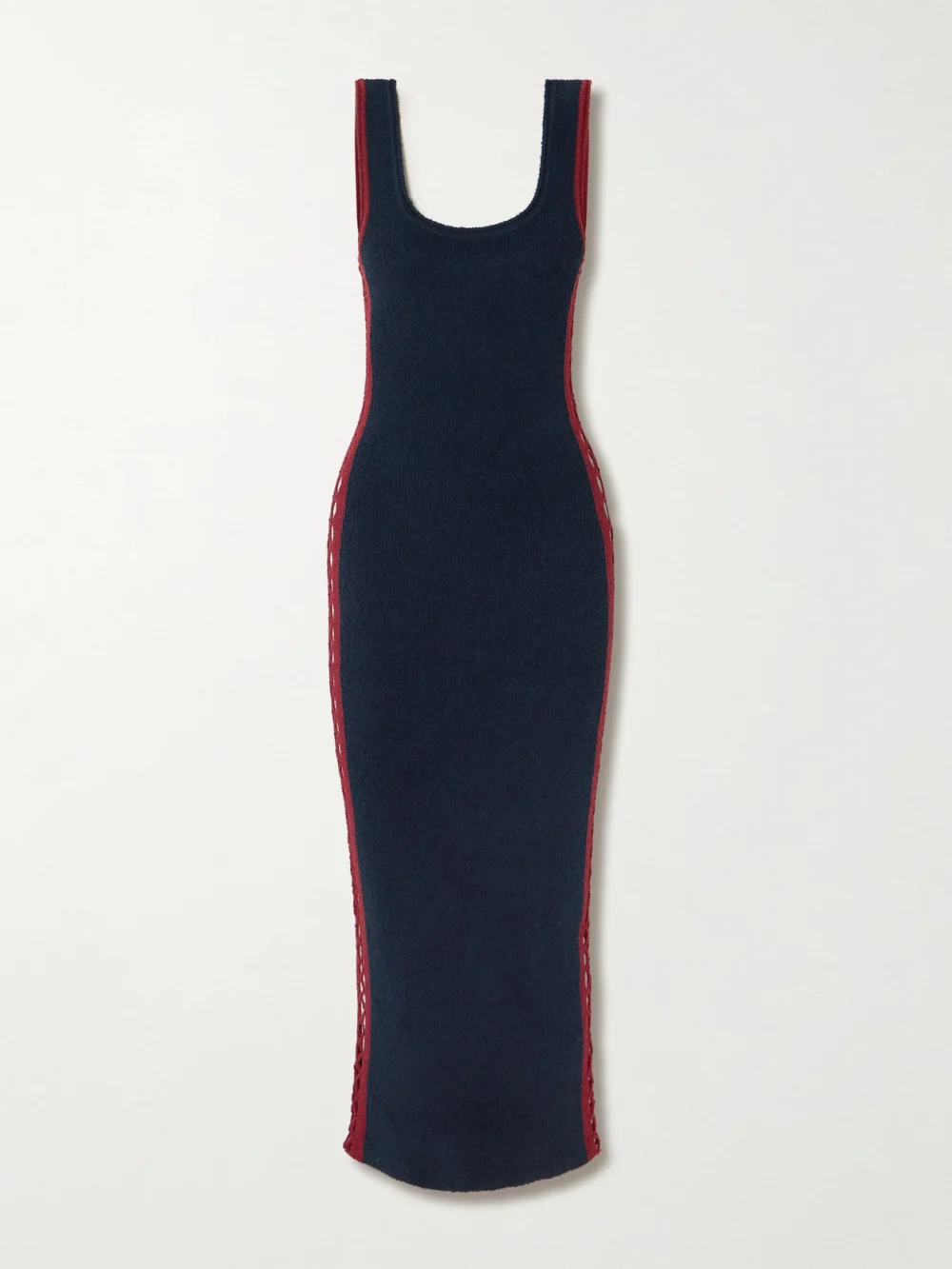 Rabanne Embellished Crochet-trimmed Cotton-blend Chenille Maxi Dress in blue