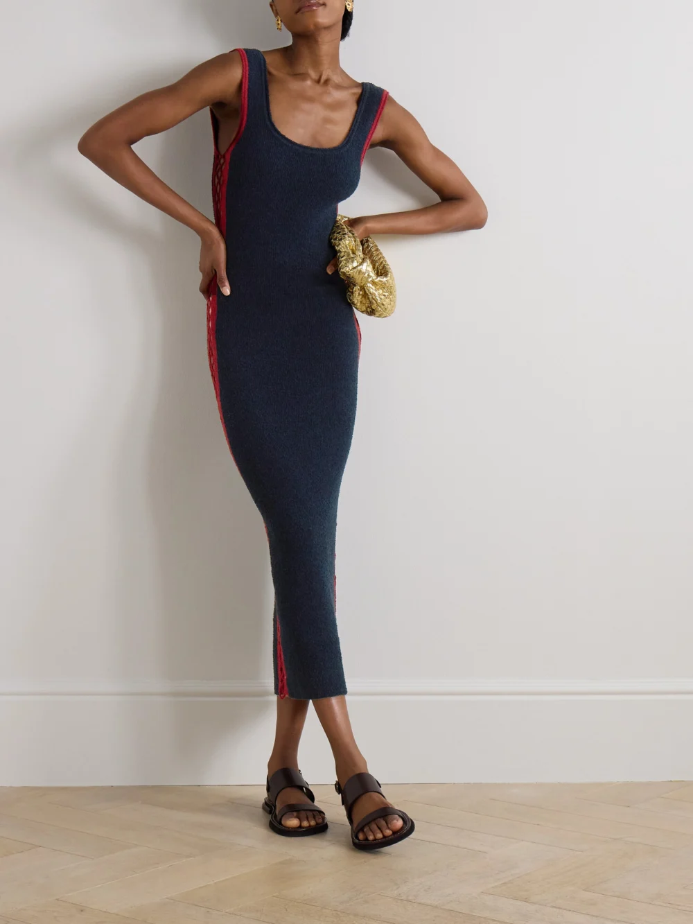 Rabanne Embellished Crochet-trimmed Cotton-blend Chenille Maxi Dress, worn by a model