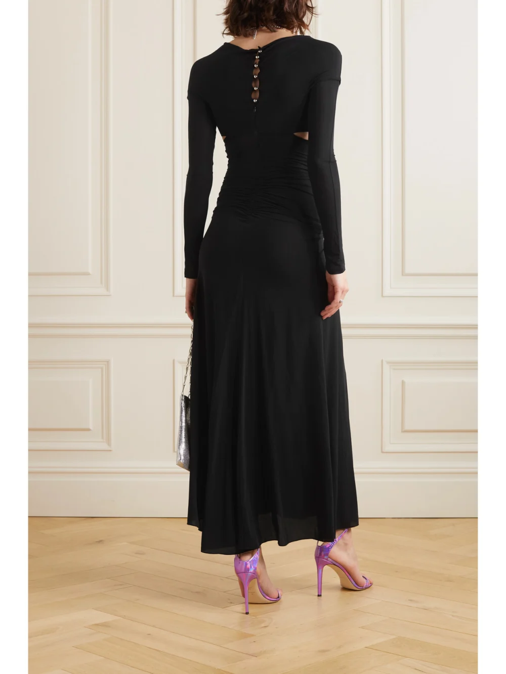 Back view of the Rabanne Embellished Cutout Stretch-jersey Maxi Dress