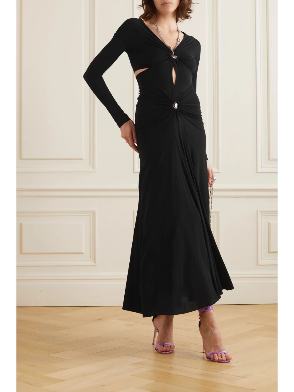 Rabanne Embellished Cutout Stretch-jersey Maxi Dress, worn by a model