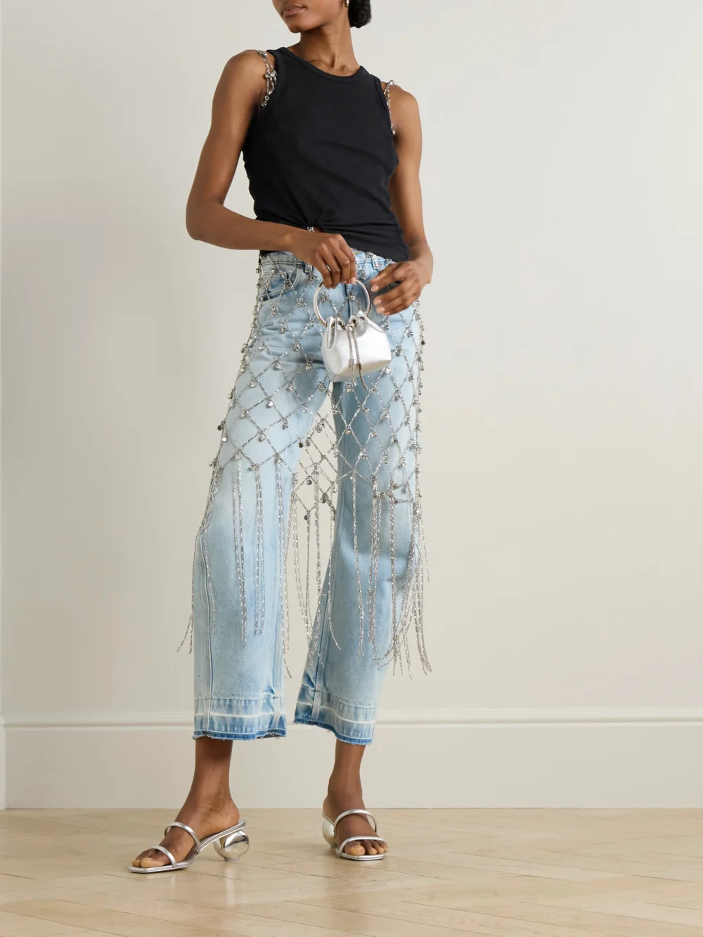 Rabanne Embellished Gathered Ribbed Stretch-cotton Jersey Tank, worn by a model