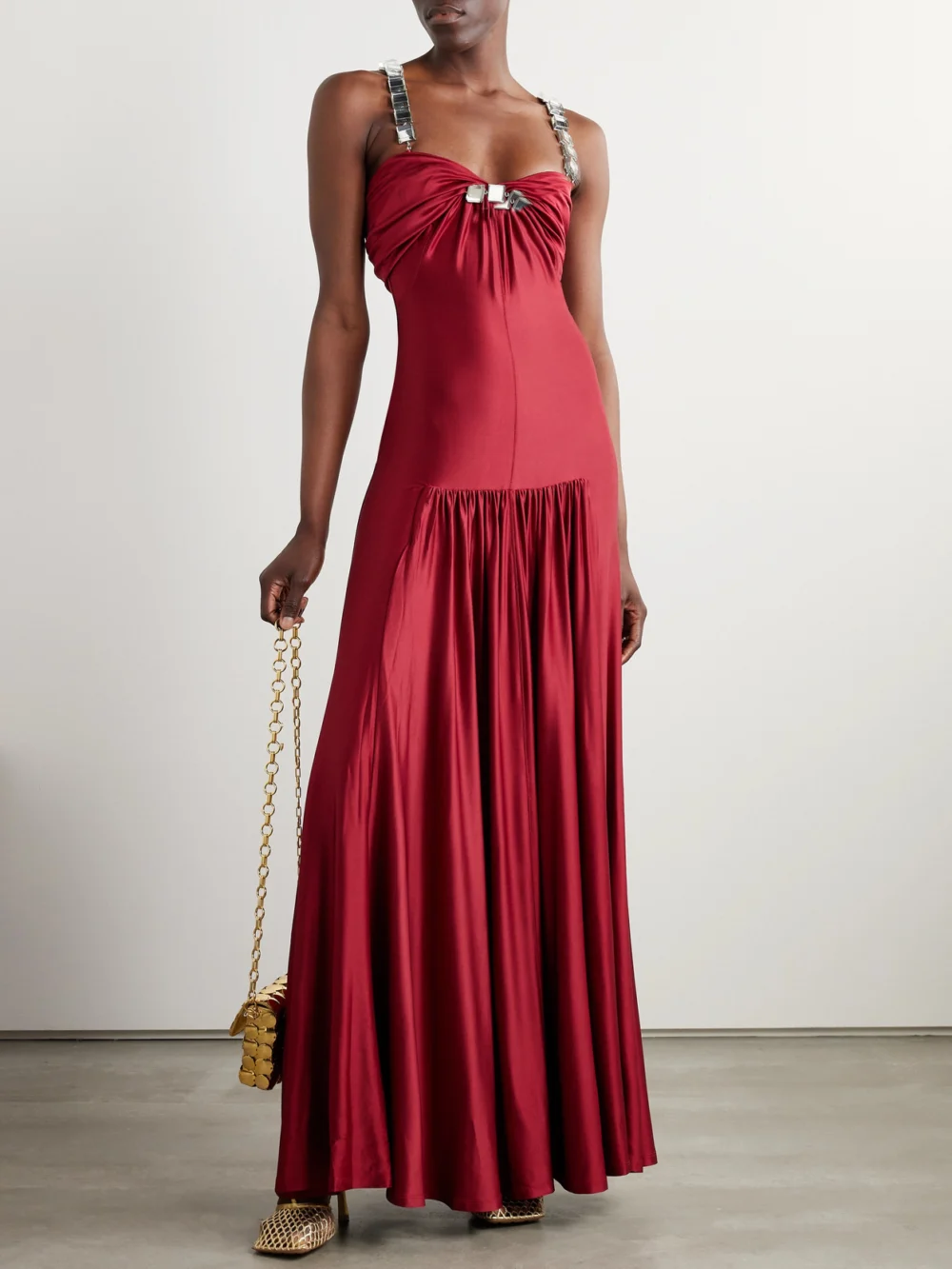 Rabanne Embellished Gathered Stretch-jersey Maxi Dress, worn by a model