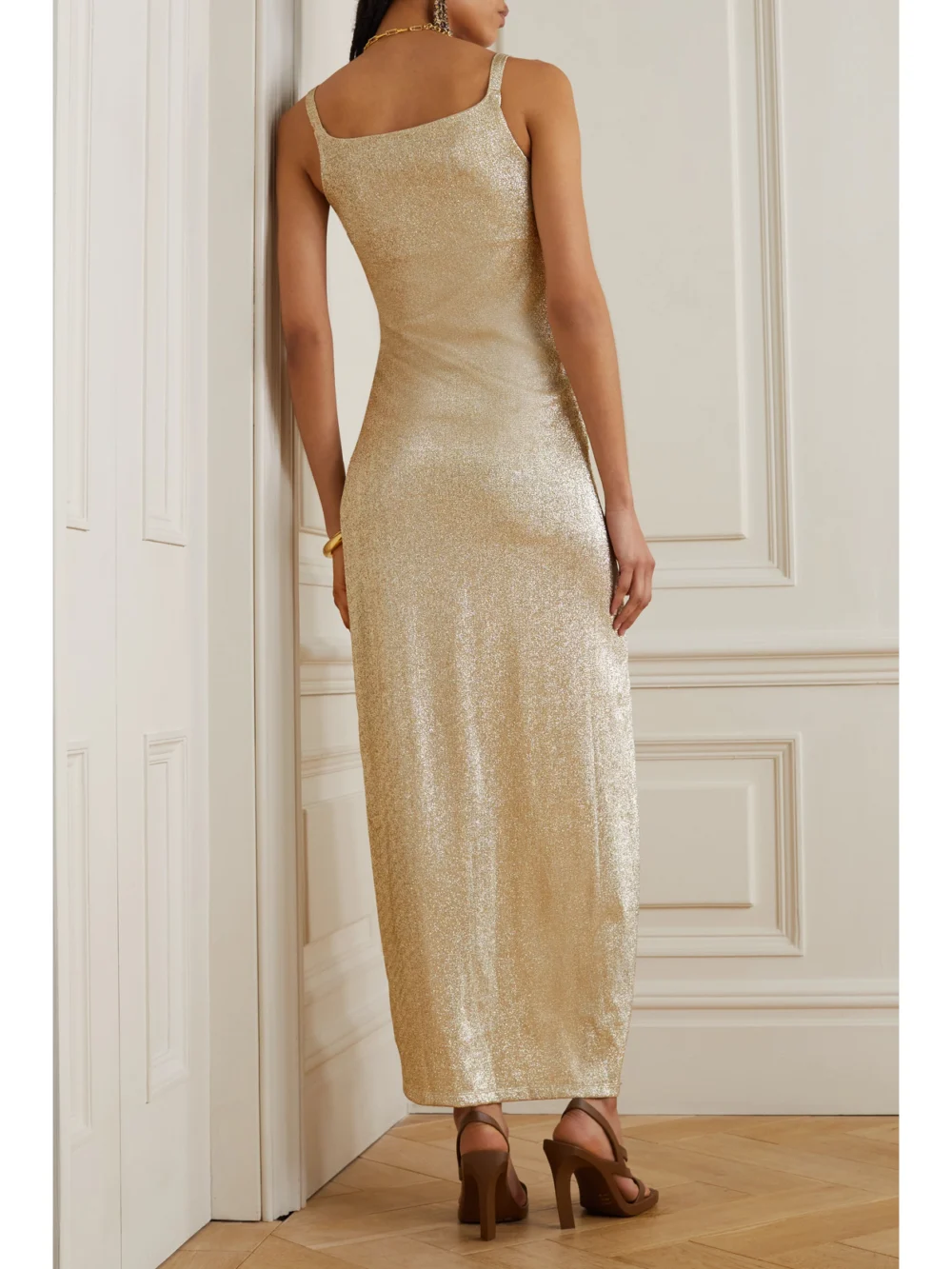 Back view of the Rabanne Embellished Glittered Stretch-crepe Maxi Dress