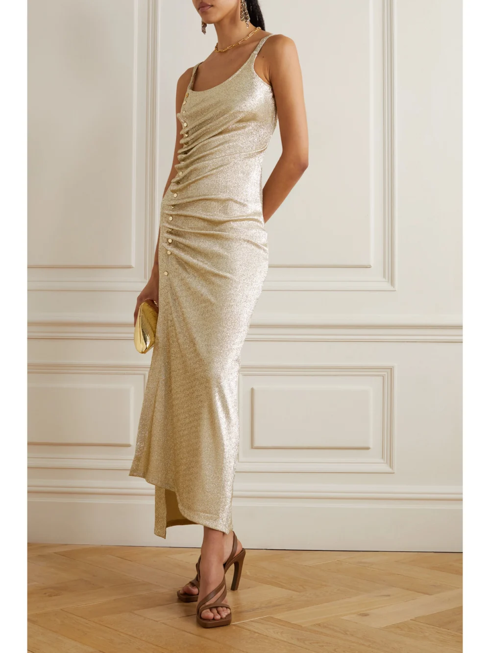 Rabanne Embellished Glittered Stretch-crepe Maxi Dress, worn by a model