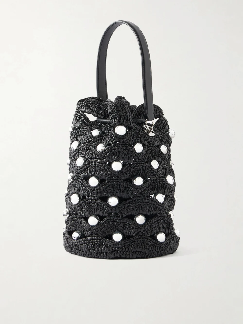 Back view of the Rabanne Embellished Leather-trimmed Raffia Crossbody Bag