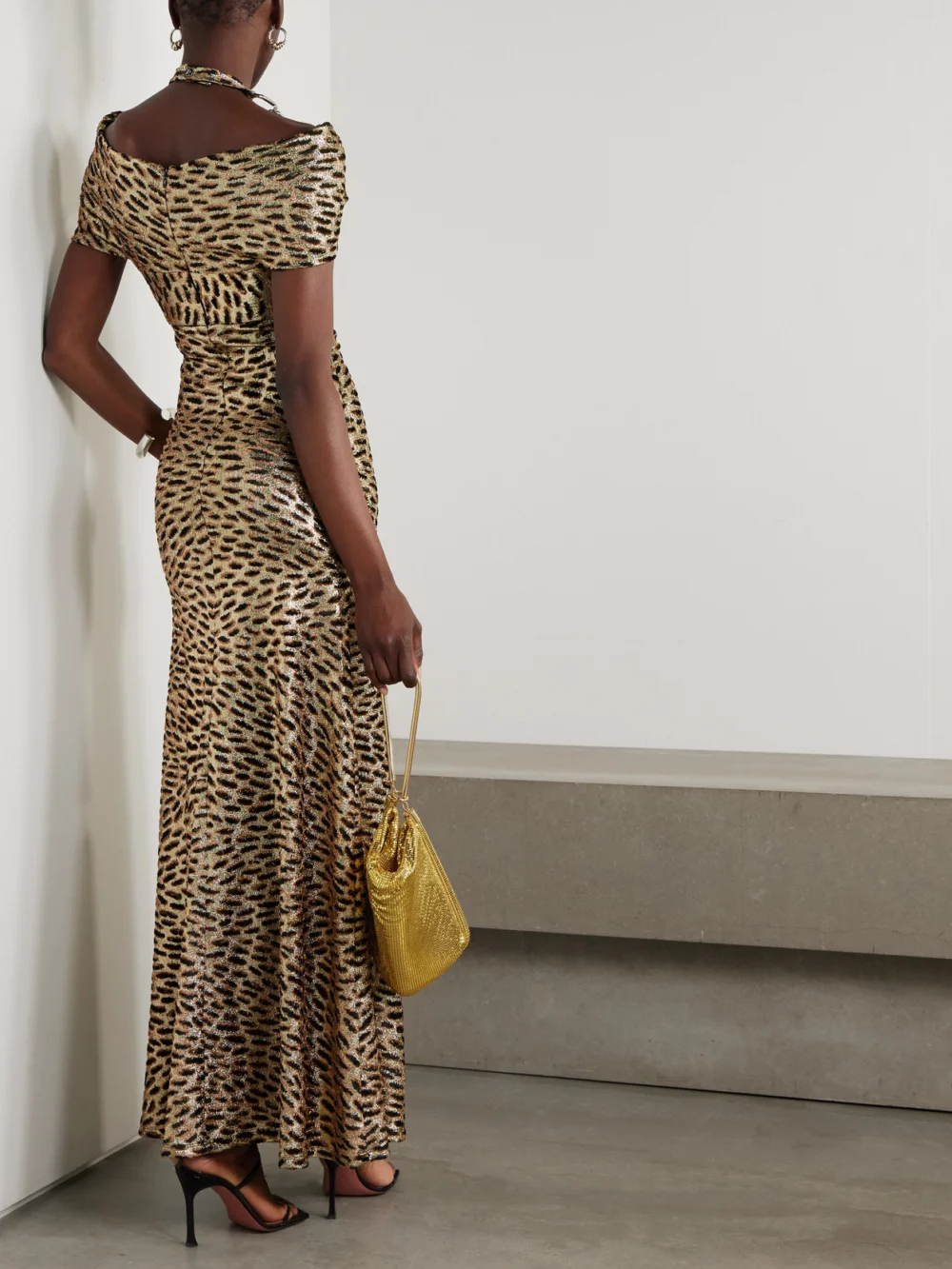 Back view of the Rabanne Embellished Leopard-print Fil Coupé Lamé Maxi Dress