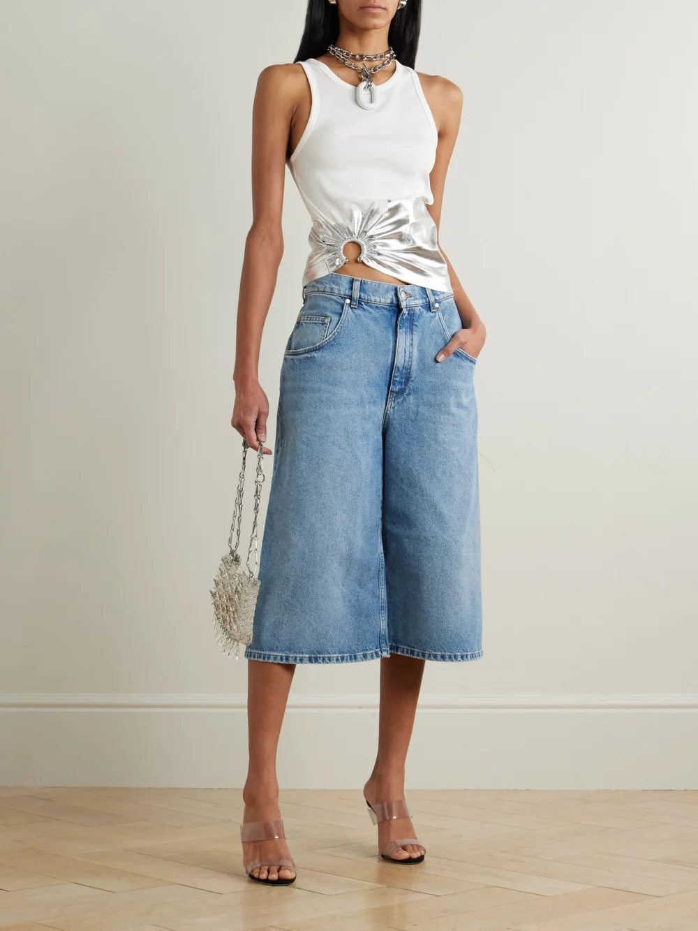 Rabanne Embellished Metallic Ribbed Stretch-cotton Jersey Tank, worn by a model