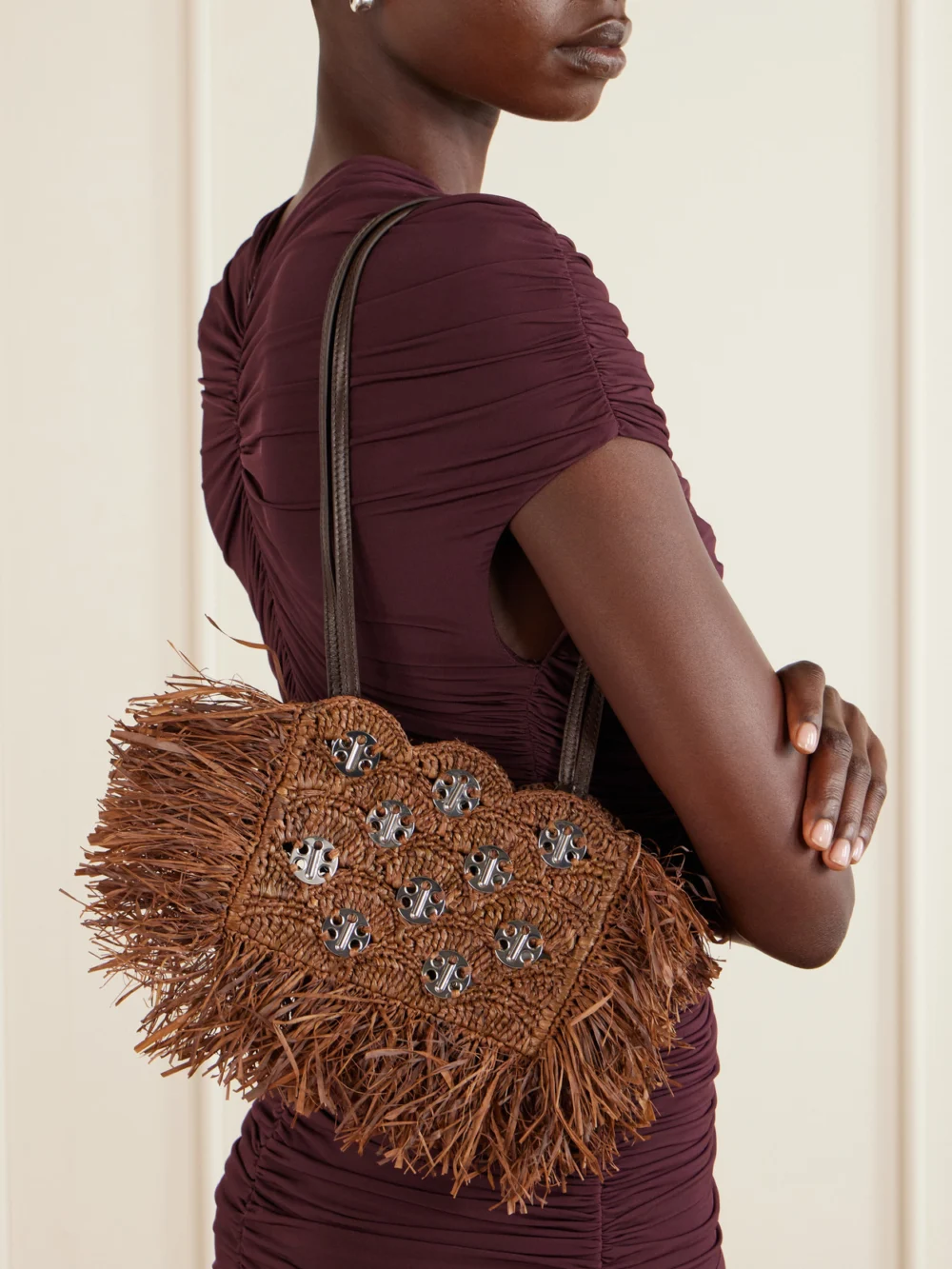Rabanne Embellished Raffia Shoulder Bag, styled view