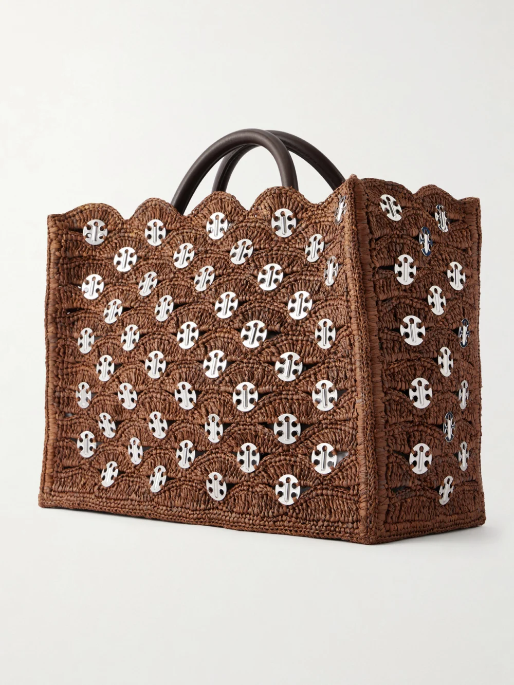 Back view of the Rabanne Embellished Raffia Tote