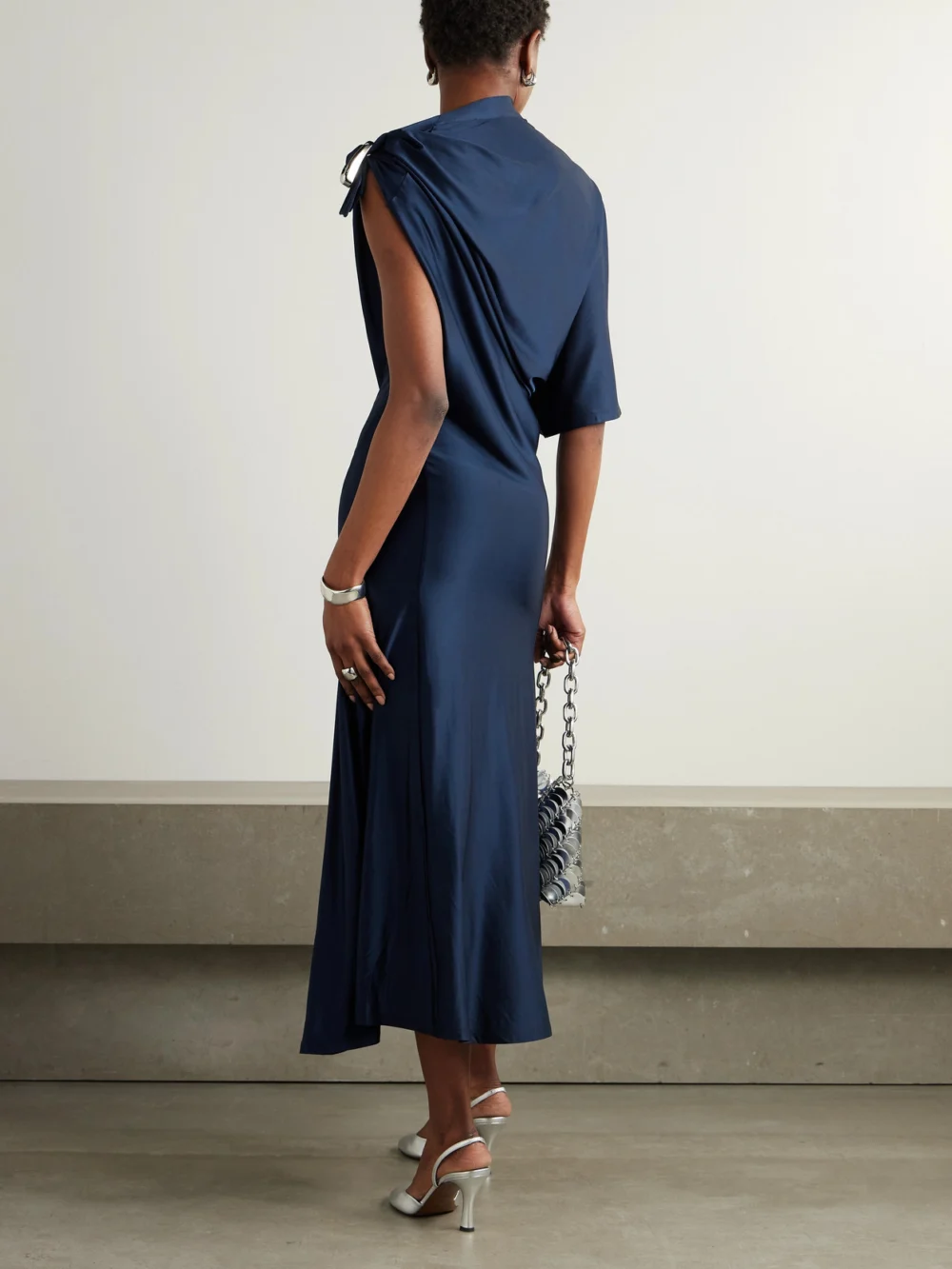 Back view of the Rabanne Embellished Satin Midi Dress