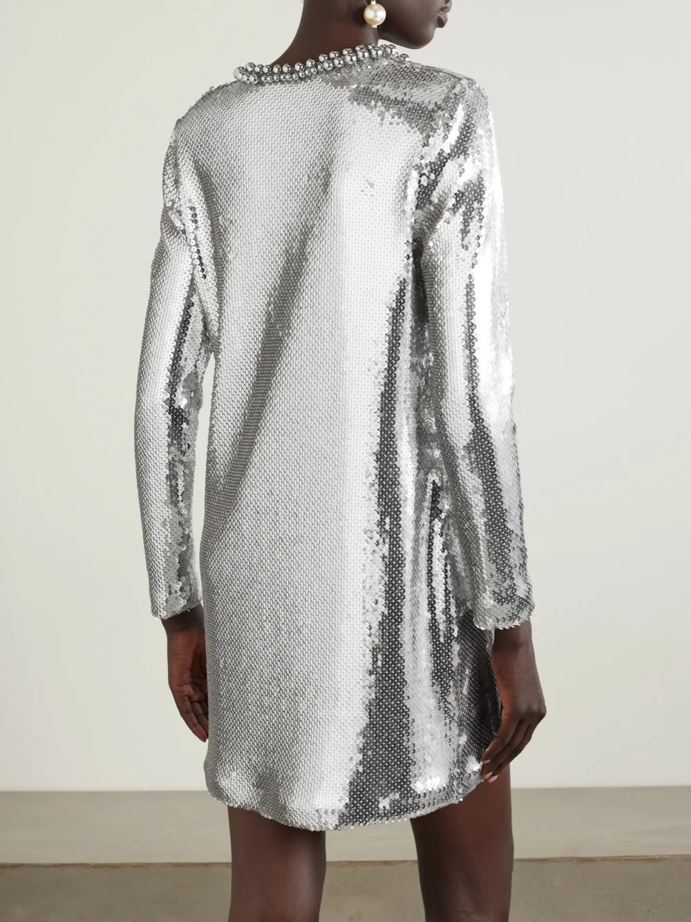 Back view of the Rabanne Embellished Sequined Mesh Mini Dress
