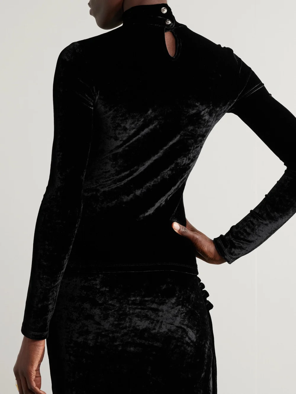 Back view of the Rabanne Embellished Velvet Turtleneck Top