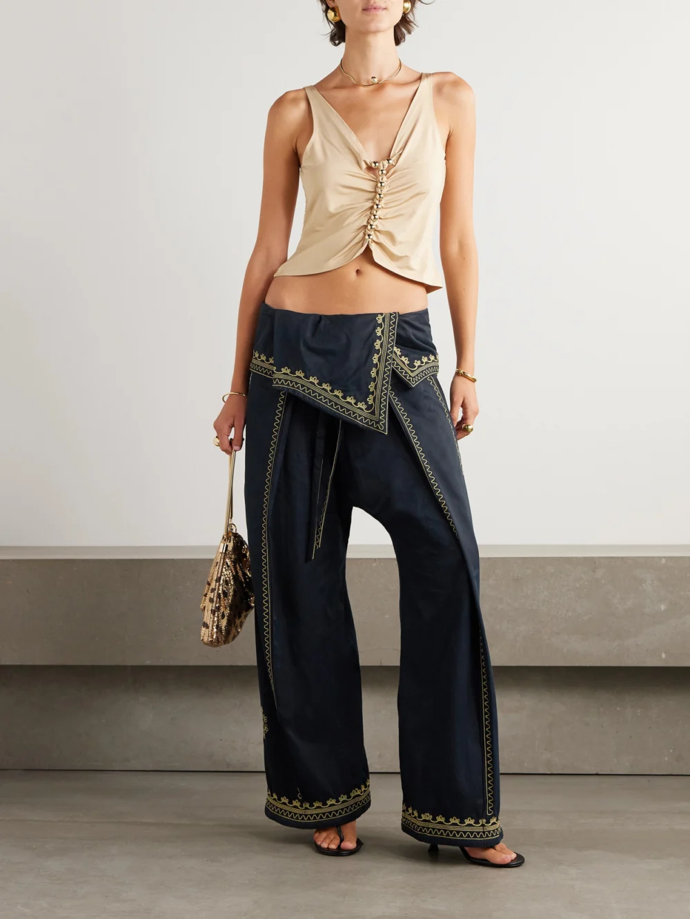 Rabanne Embroidered Belted Layered Twill Pants, worn by a model