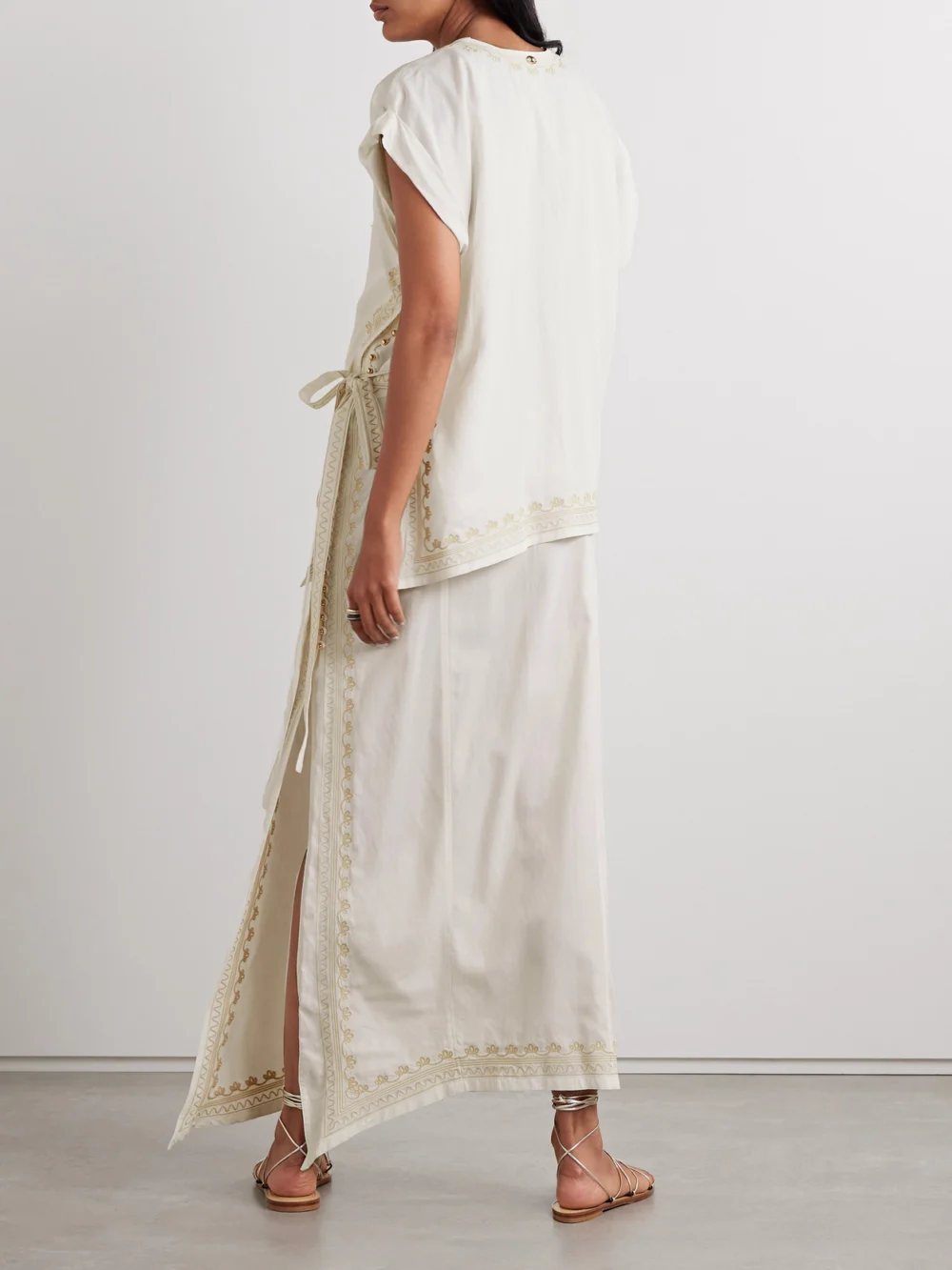 Back view of the Rabanne Embroidered Layered Twill Midi Dress