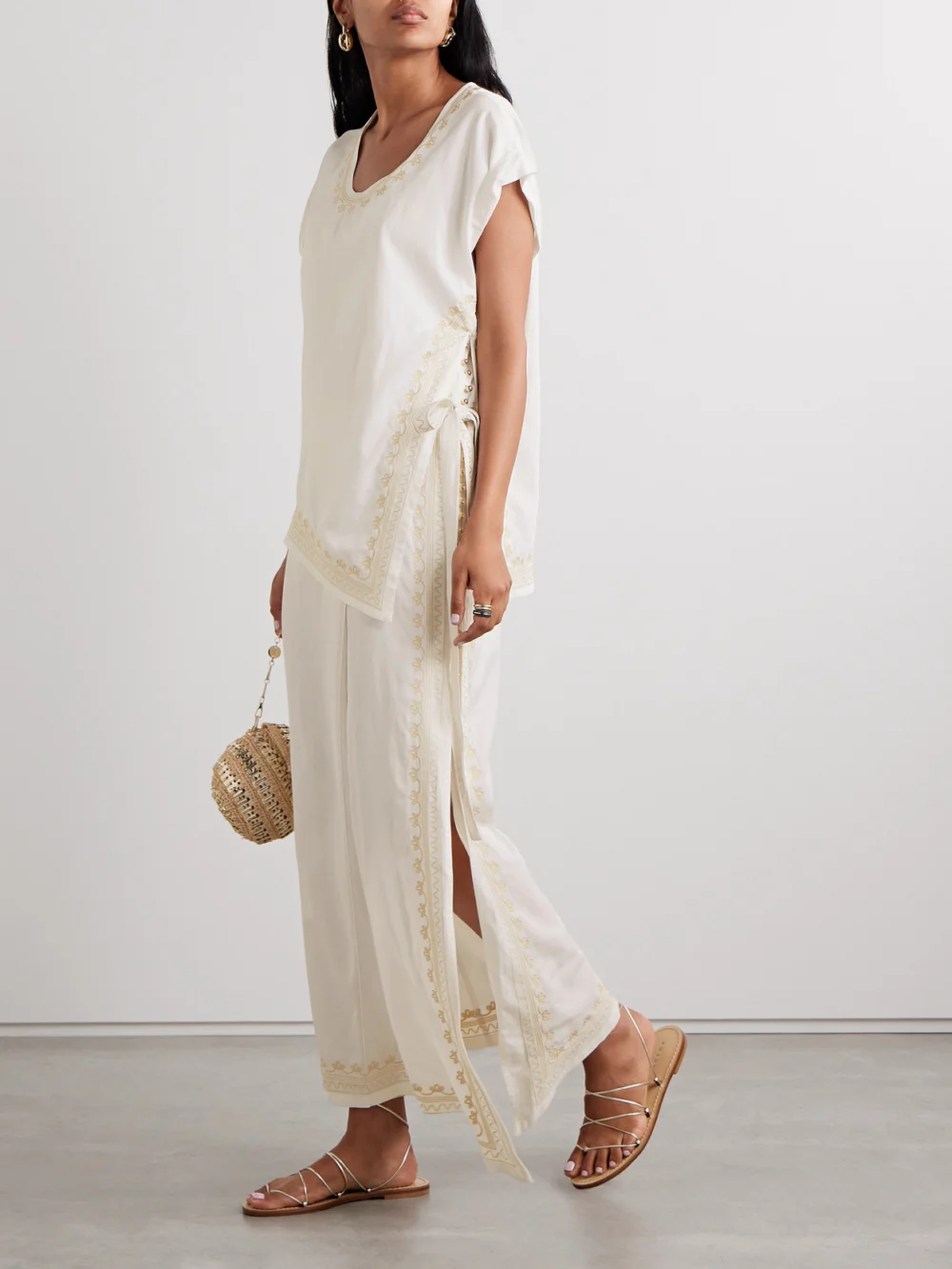 Rabanne Embroidered Layered Twill Midi Dress, worn by a model